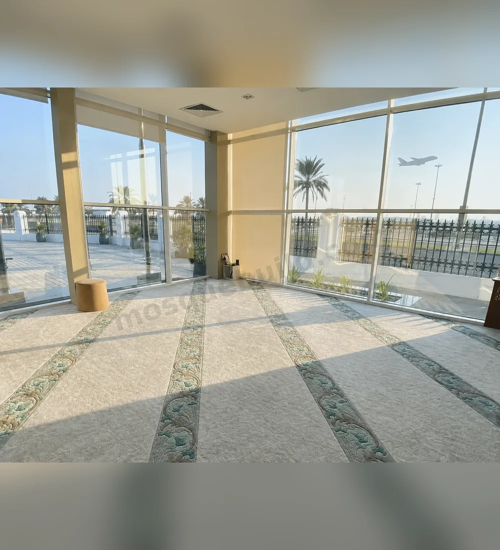 Grey and Turquoise Mosque Carpet – Wide Prayer Hall View Grey and Turquoise Mosque Carpet wide view installed across a prayer hall