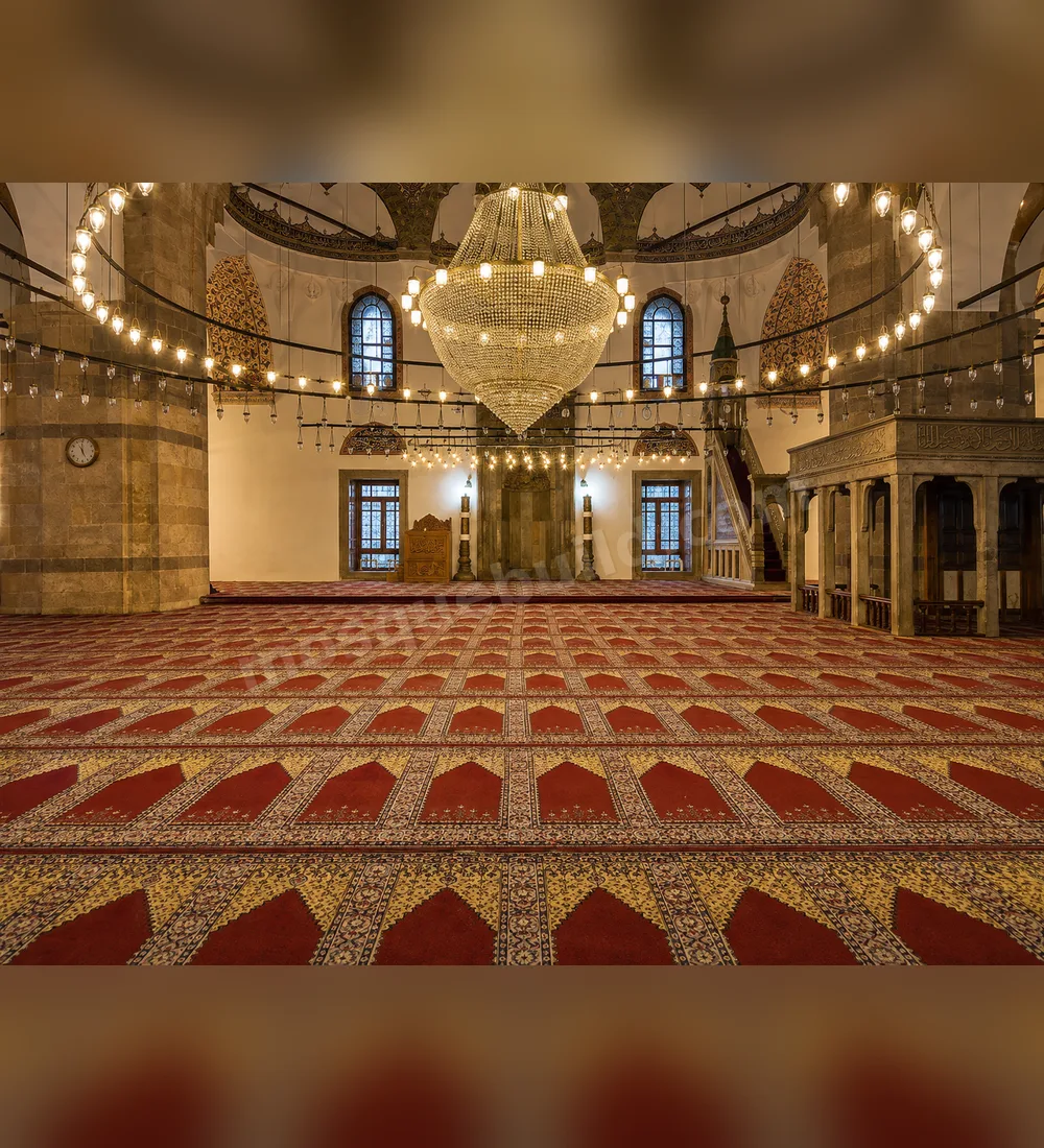 Red Ottoman Mosque Carpet – Wide Prayer Hall View Red Ottoman Mosque Carpet wide view installed across a prayer hall