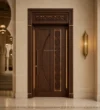 Walnut Geometric Panel Wooden Mosque Door installed in a mosque prayer hall interior