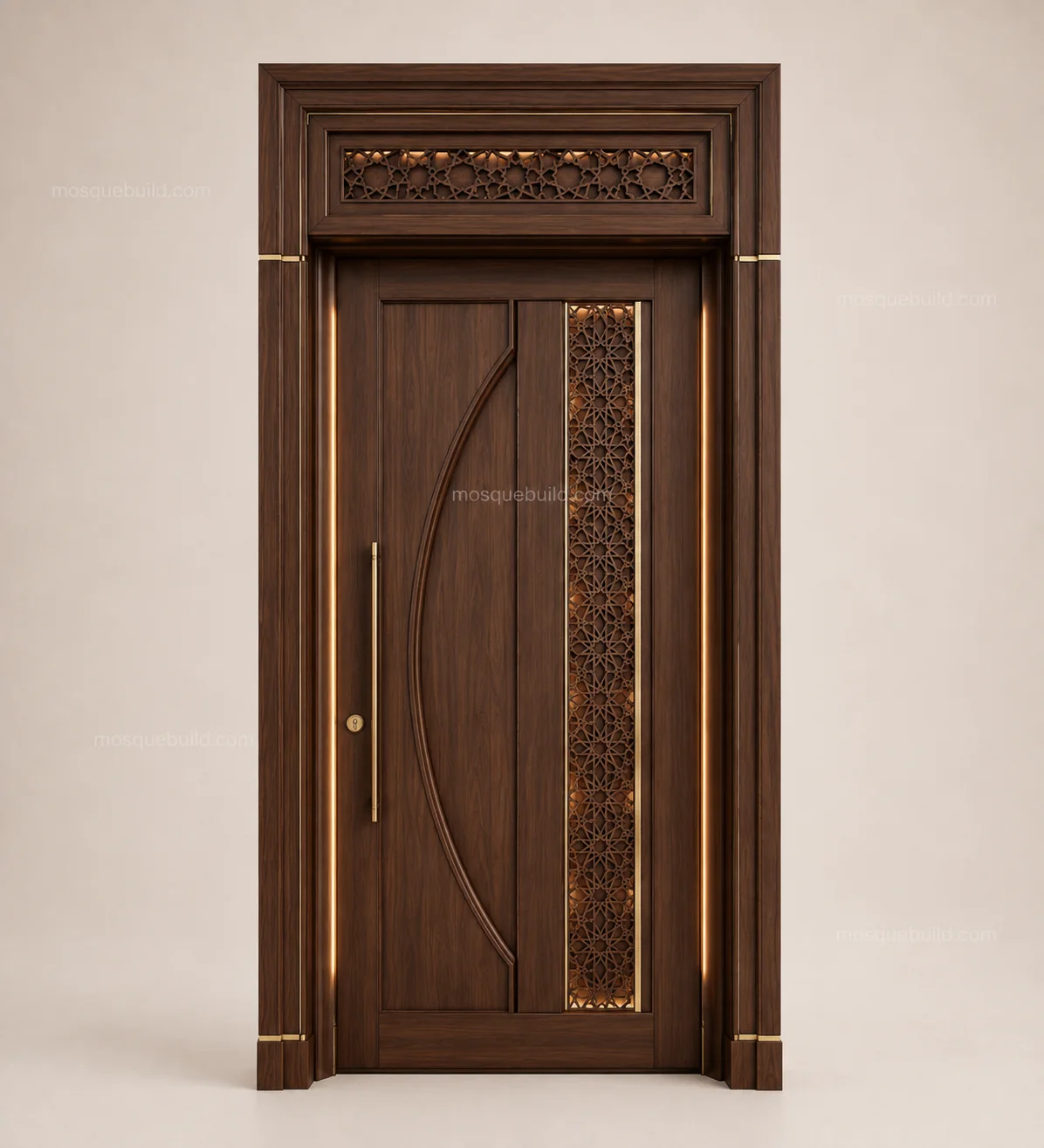 Walnut Geometric Panel Wooden Mosque Door – Main Walnut Geometric Panel Wooden Mosque Door front product view