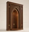 Three-quarter view of Arched Walnut Wooden Mosque Door showing pointed arch panel details