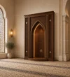 Arched Walnut Wooden Mosque Door installed in a mosque prayer hall interior