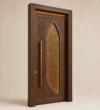 Three-quarter view of Islamic Lattice Walnut Mosque Door showing elongated islamic lattice details