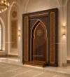 Golden Arch Wooden Mosque Door installed in a mosque prayer hall interior