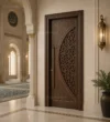 Arabesque Carved Wooden Mosque Door installed in a mosque prayer hall interior