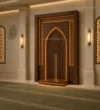 Tall Geometric Arch Wooden Mosque Door installed in a mosque prayer hall interior