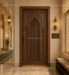 Decorative Lattice Wooden Mosque Door installed in a mosque prayer hall interior