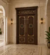 Double-Leaf Carved Wooden Mosque Entrance Door installed in a mosque prayer hall interior