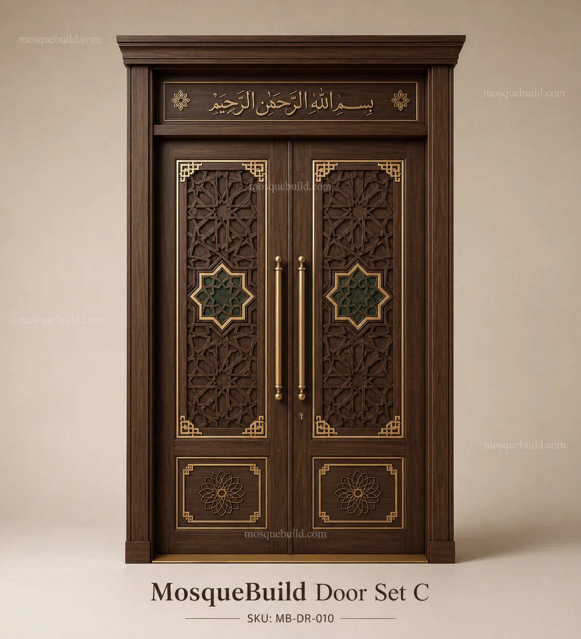 Double-Leaf Carved Wooden Mosque Entrance Door – Main Double-Leaf Carved Wooden Mosque Entrance Door front product view
