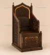 Three-quarter view of Upholstered Traditional Wooden Mosque Dais / Kursi showing geometric framed backrest details