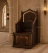 Upholstered Traditional Wooden Mosque Dais / Kursi installed in a mosque prayer hall interior