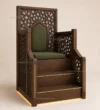 Three-quarter view of Geometric High-Back Wooden Mosque Dais / Kursi showing geometric perforated back panel details