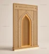 Three-quarter view of Light Oak Golden Arch Wooden Mosque Mihrab showing layered pointed arch details