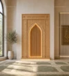 Light Oak Golden Arch Wooden Mosque Mihrab installed in a mosque prayer hall interior