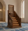 Traditional Lattice Wooden Mosque Minbar installed in a mosque prayer hall interior