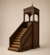 Three-quarter view of Canopied Seljuk Wooden Mosque Minbar showing seljuk geometric lattice details