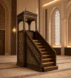 Canopied Seljuk Wooden Mosque Minbar installed in a mosque prayer hall interior