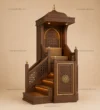 Three-quarter view of Compact Canopied Wooden Mosque Minbar showing geometric medallion / lattice details