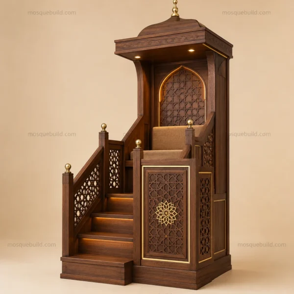 Compact Canopied Wooden Mosque Minbar front product view