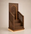Three-quarter view of Compact Geometric Wooden Mosque Minbar showing geometric lattice railing details