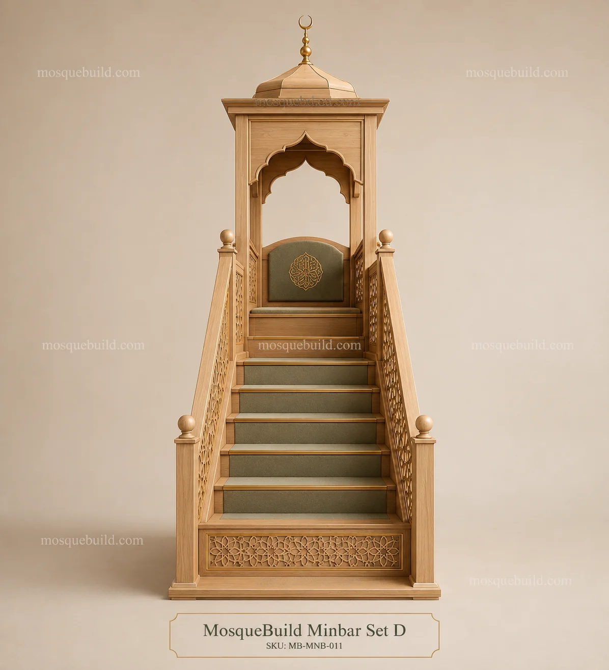 Light Oak Canopied Wooden Mosque Minbar – Main Light Oak Canopied Wooden Mosque Minbar front product view