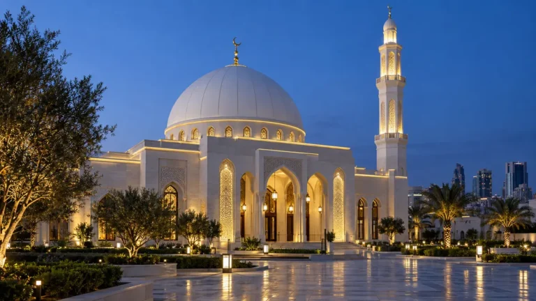 Completed contemporary mosque with a white modular dome and illuminated minaret at blue hour