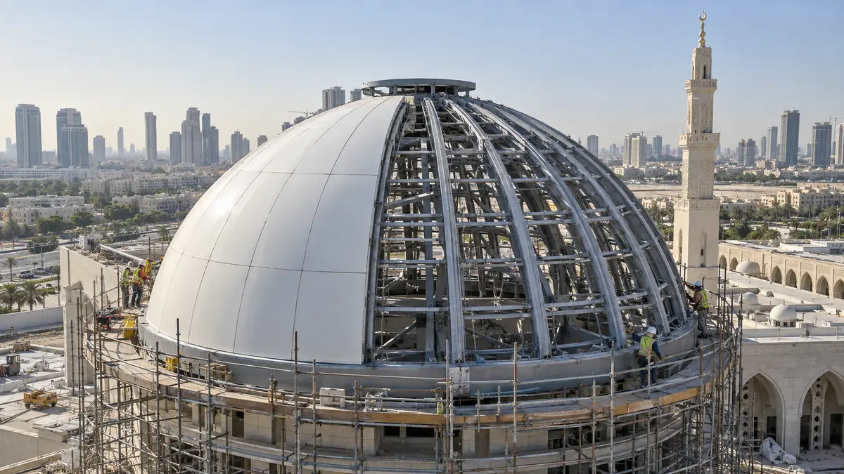 Hybrid mosque dome under construction with exposed steel ribs and installed white GRP shell panels