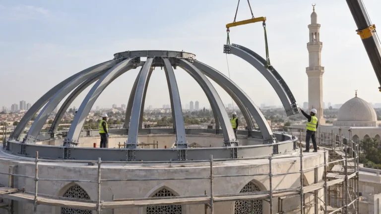 Crane positioning a curved steel rib module on a mosque dome support ring