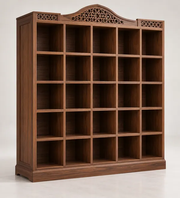 Walnut Islamic Mosque Bookcase with Cubby Shelves, square open storage compartments and a decorative carved upper