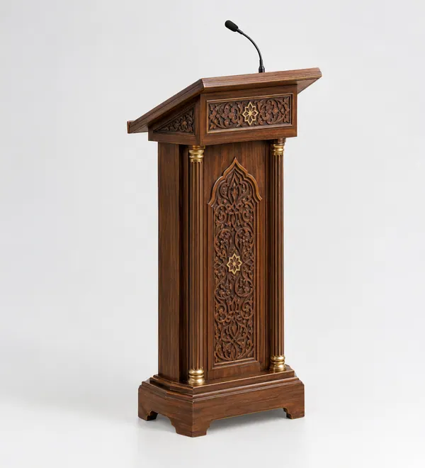 Dark Walnut Islamic Mosque Lectern with Microphone, a slender lectern, arched carved front panel and gooseneck microphone