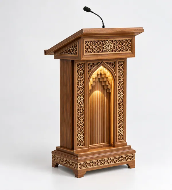 Illuminated Arch Wooden Mosque Lectern, a refined central arch niche, geometric top band and microphone provision, rich