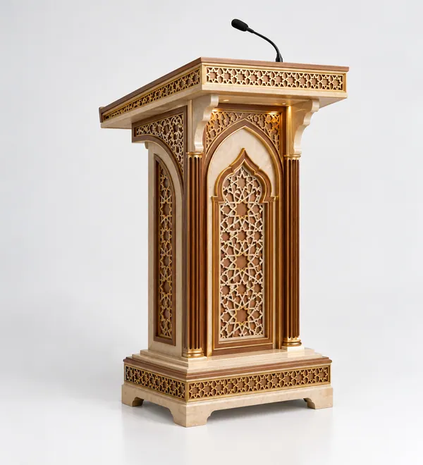 Ivory and Gold Islamic Mosque Lectern, light ivory paneling with pointed Islamic arch motifs and a decorative lattice