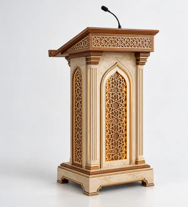 Natural Oak Geometric Mosque Lectern, slender columnar lectern with repeated floral geometry and a perforated side
