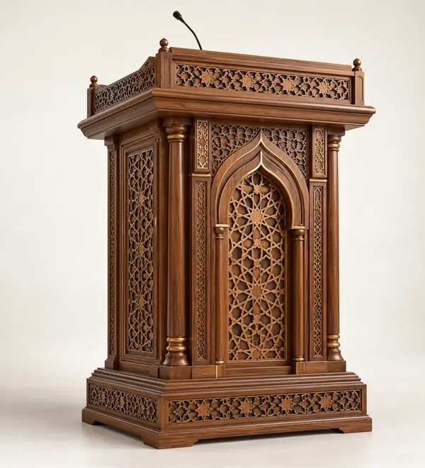 Hand-Carved Style Walnut Mosque Podium, carved arched facade, pierced parapet detail and broad reading surface, dark