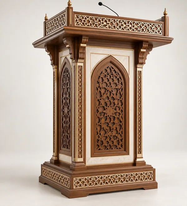 Traditional Carved Mosque Speech Lectern, structured vertical corner posts, arabesque front and lattice-trimmed reading