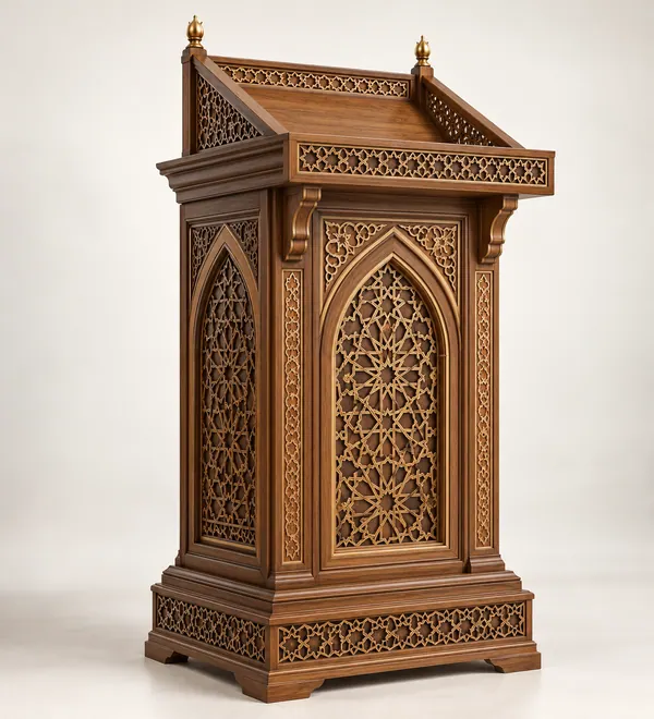 Ornamental Wooden Mosque Lecture Podium, pointed arch front panels, a compact square footprint and decorative top edging,