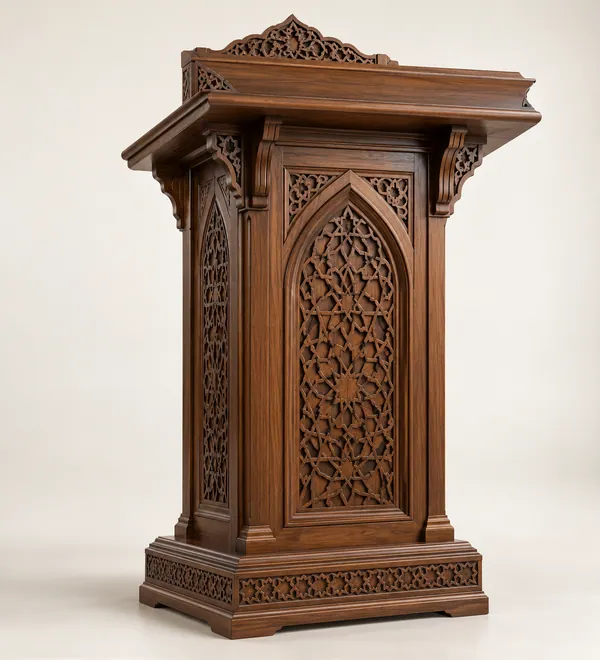 Premium Deep Carved Walnut Mosque Lectern, substantial carved front panel and floral patterned pedestal base, deep