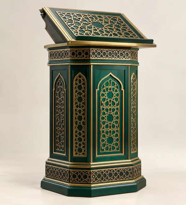 Emerald and Gold Islamic Mosque Lectern, emerald green central panels, ornate gold geometric borders and an angled book