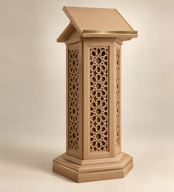 Light Oak Geometric Wooden Mosque Lectern, openwork side panels, a sloping lectern top and clean timber edges, light