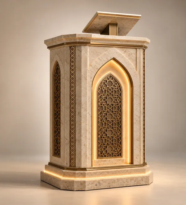 Ivory Marble Look Mosque Lectern with Gold Arch, a softly illuminated arched inset and refined gold borders on a pale