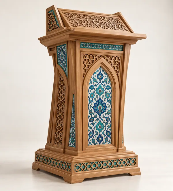 Turquoise Tile Inspired Wooden Mosque Lectern, turquoise floral panels, Islamic pointed arches and a traditional reading