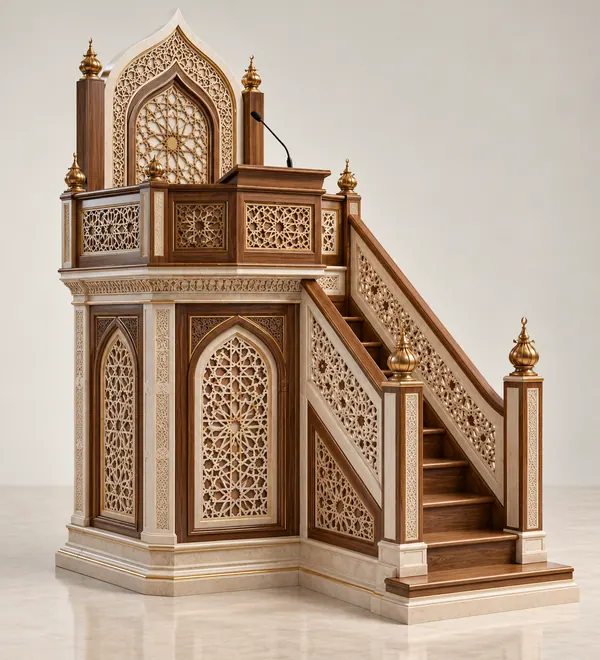 Classic Geometric Wooden Mosque Minbar, balanced ivory and oak-tone ornament, a pointed canopy and patterned stair rails,