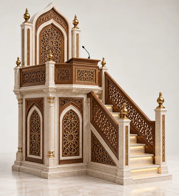 Two-Tone Marble Look and Wood Mosque Minbar, a pale ivory body framed with walnut accents and a latticed arched pulpit,