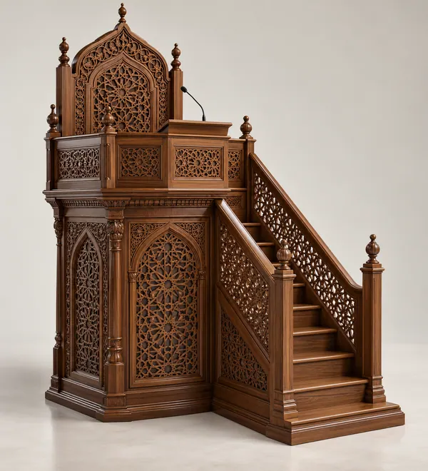 Deep Carved Traditional Wooden Mosque Minbar, deep relief carvings on the pulpit facade and an intricately patterned