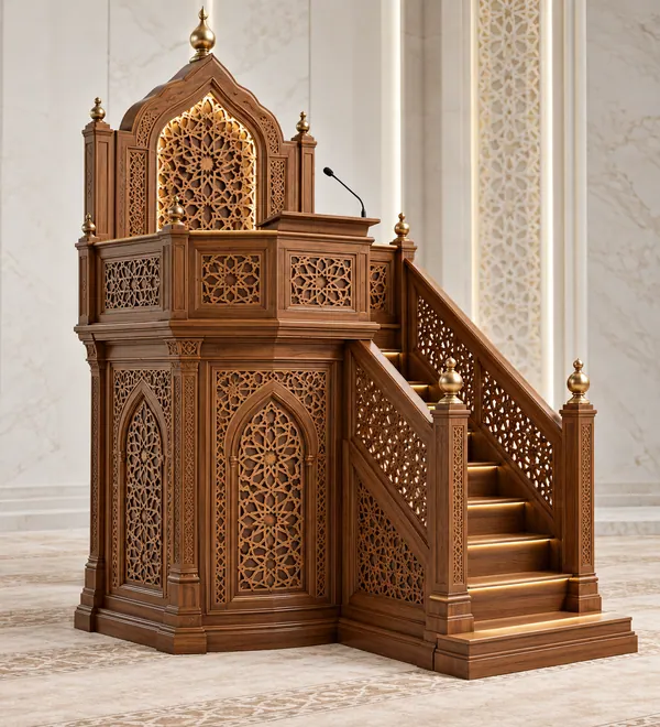 Classic Ornamental Walnut Mosque Minbar with Steps, tiered staircase pulpit, elaborately carved lattice facade and a