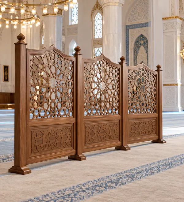 Carved Islamic Wooden Mosque Room Divider, repeating arabesque openwork screen sections and carved lower plinths in a