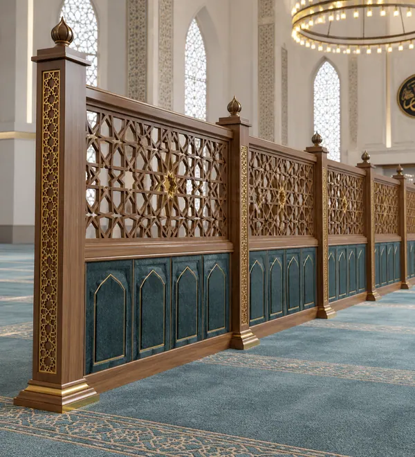 Wooden Mosque Prayer Hall Divider with Teal Panels, rhythmic fretted wooden balustrade and teal-toned framed lower