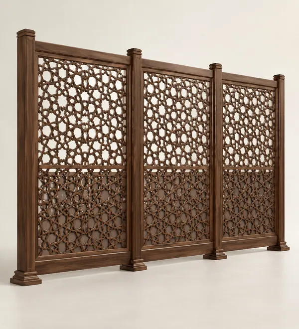 Three-Panel Geometric Wooden Mosque Privacy Screen, three linked pierced lattice panels with simple feet and a