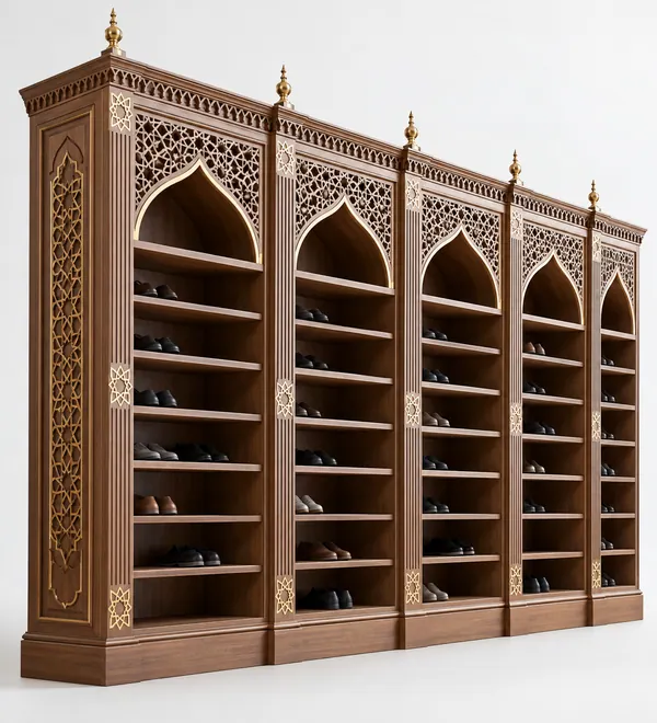 Long Islamic Carved Wooden Mosque Shoe Rack, extended multi-bay open storage below an ornate lacework parapet, warm