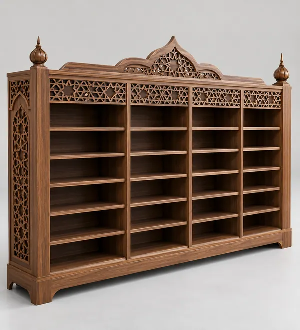 Decorative Arched Wooden Mosque Shoe Cabinet, wide shoe storage fitted with carved Islamic side panels and decorative